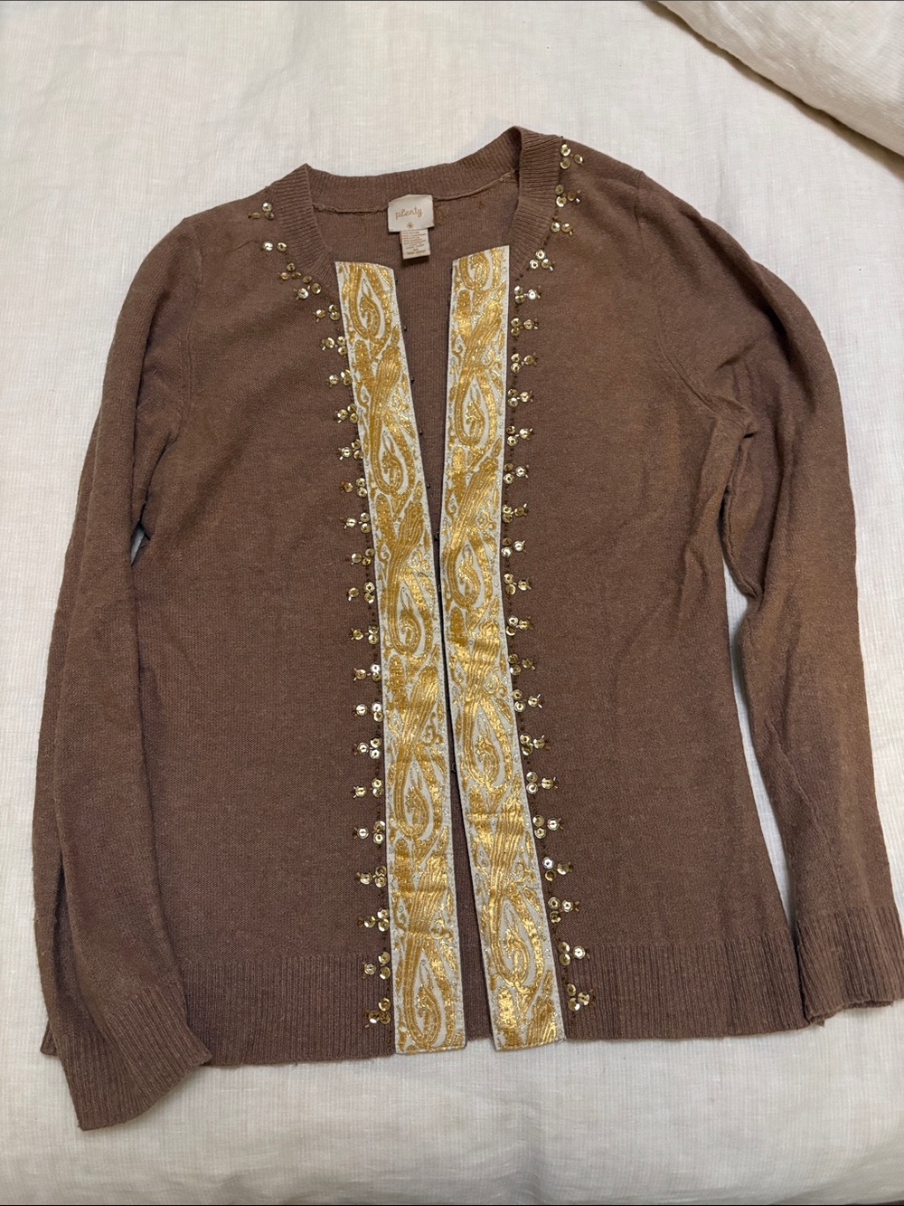 Plenty by Tracy Reese caramel colored Cardigan w/Gold Paisley Trim and Sequins